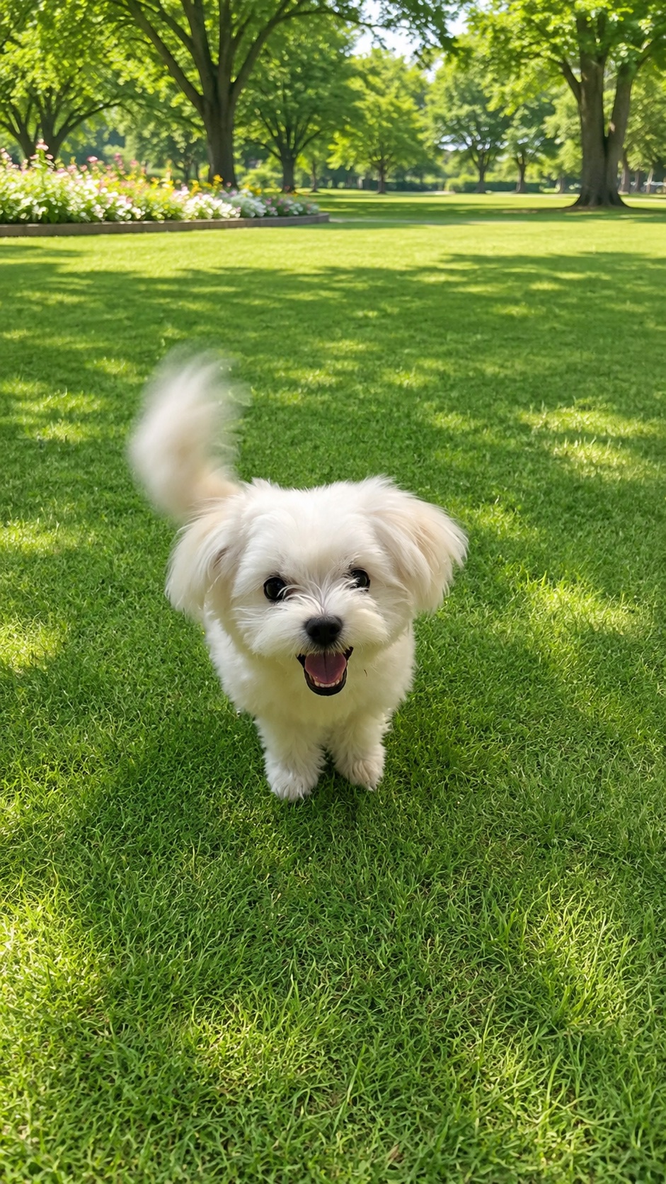 芝生の上で笑顔を見せる白い犬